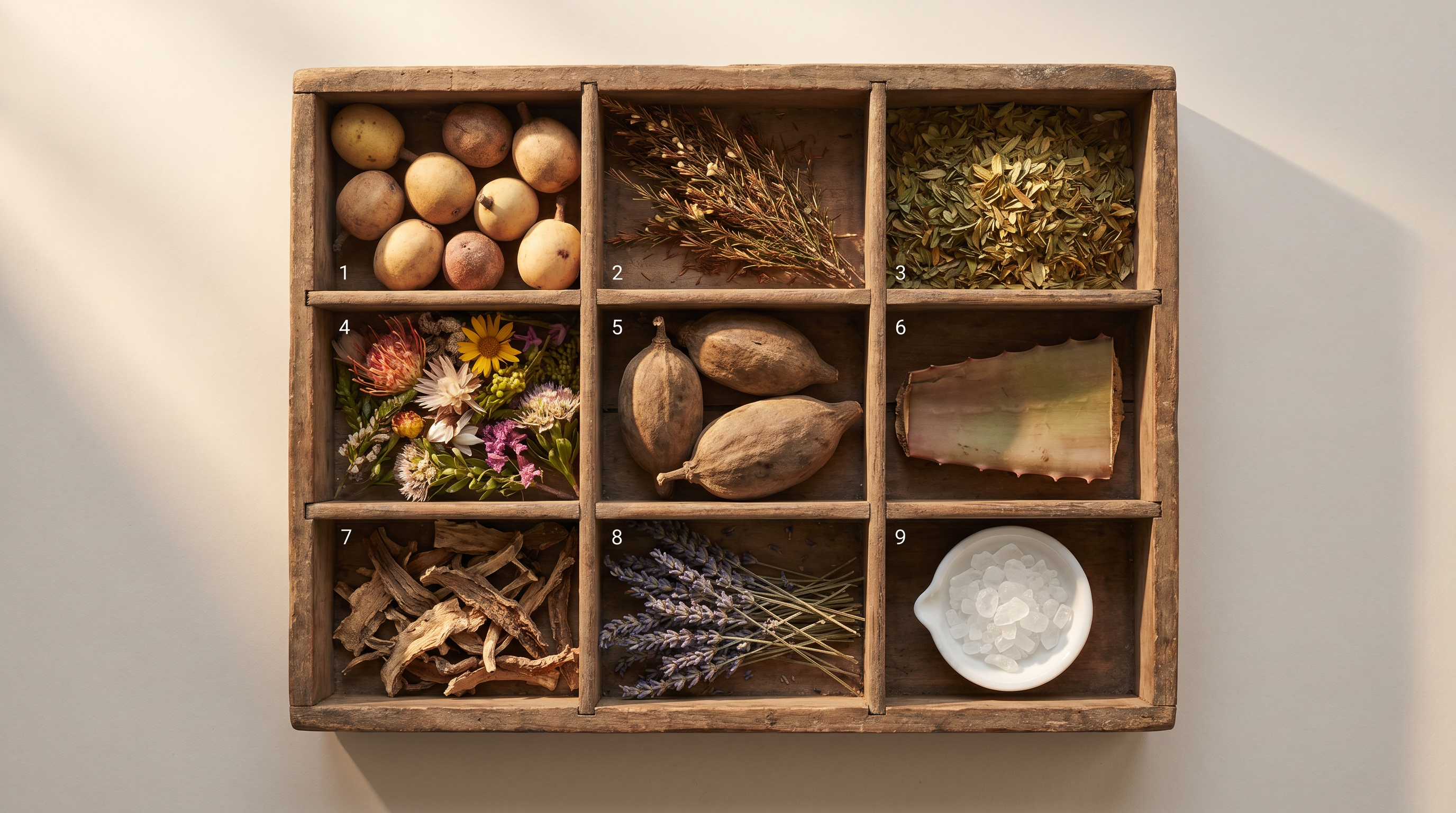 A wooden specimen tray arranged as a botanical wunderkammer — leaves, roots, seeds, and small jars catalogued by hand.