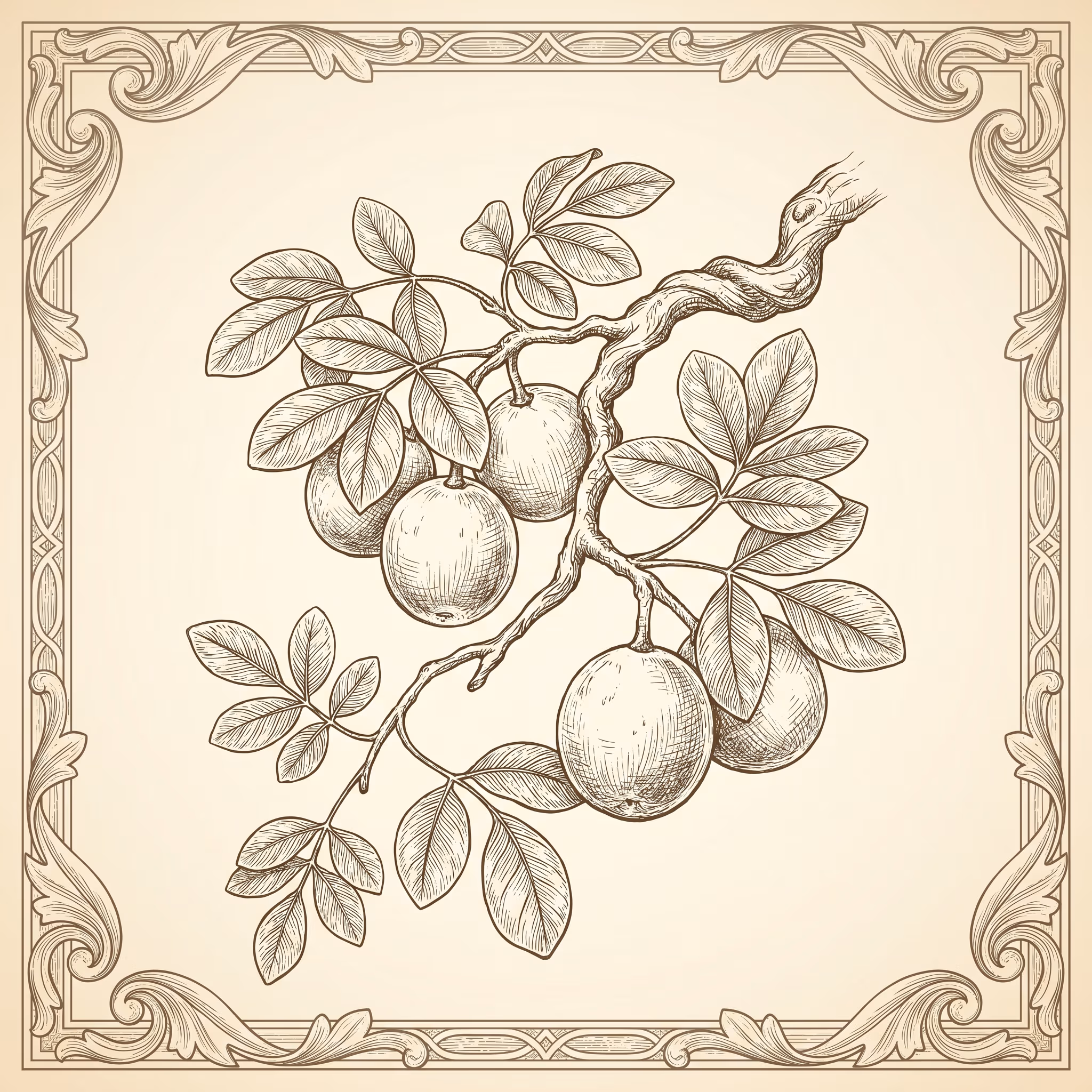 Botanical illustration of marula — Sclerocarya birrea — leaves, flowers, fruit, seed.