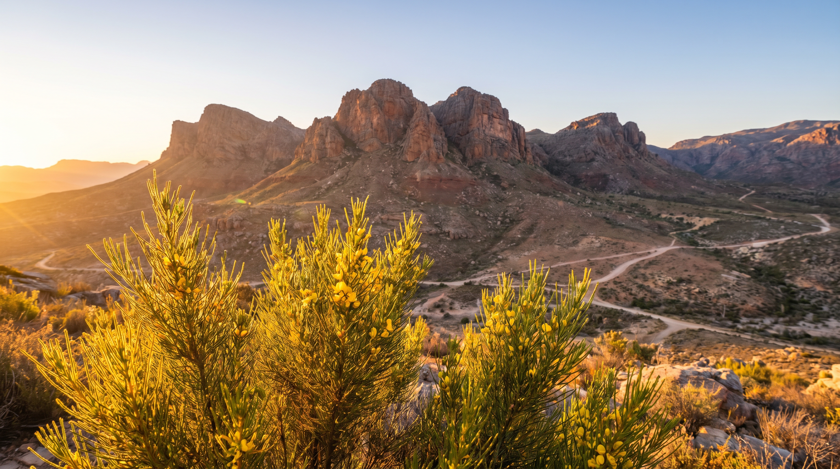 Honeybush growing on the slopes of the Cederberg mountains at dawn.