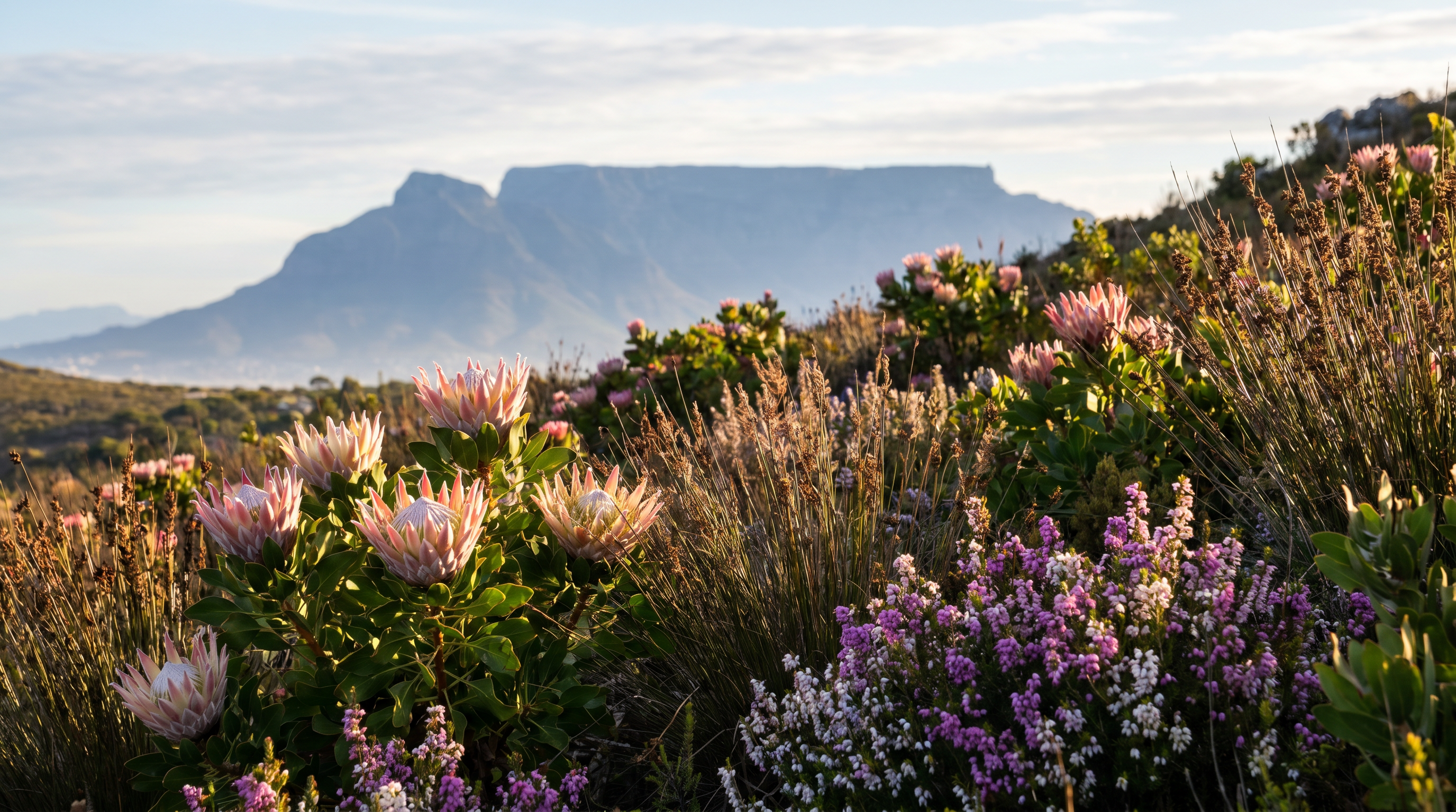 Cape fynbos in bloom with Table Mountain in the background — proteas, restios and ericas in morning light.