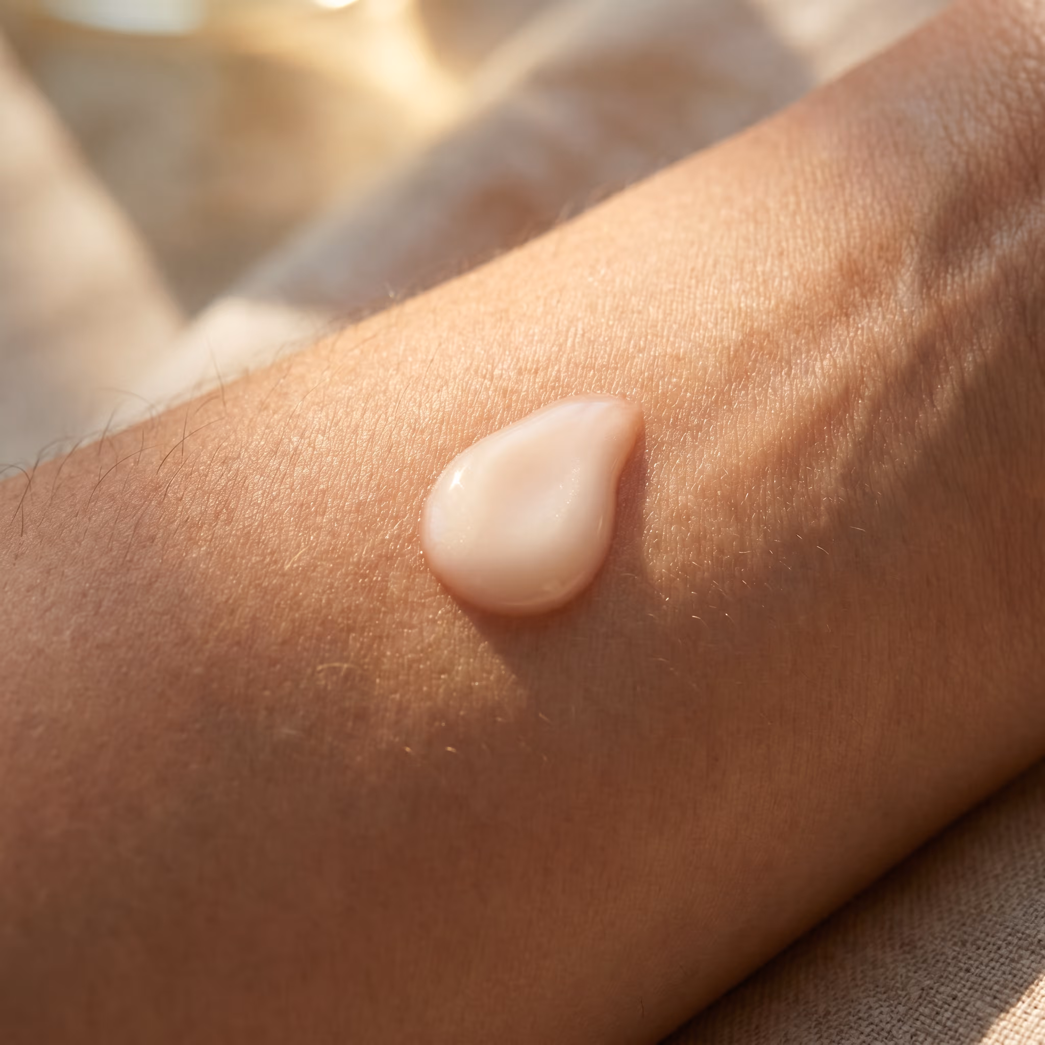 A single drop of golden marula serum suspended on skin, light catching its edge.