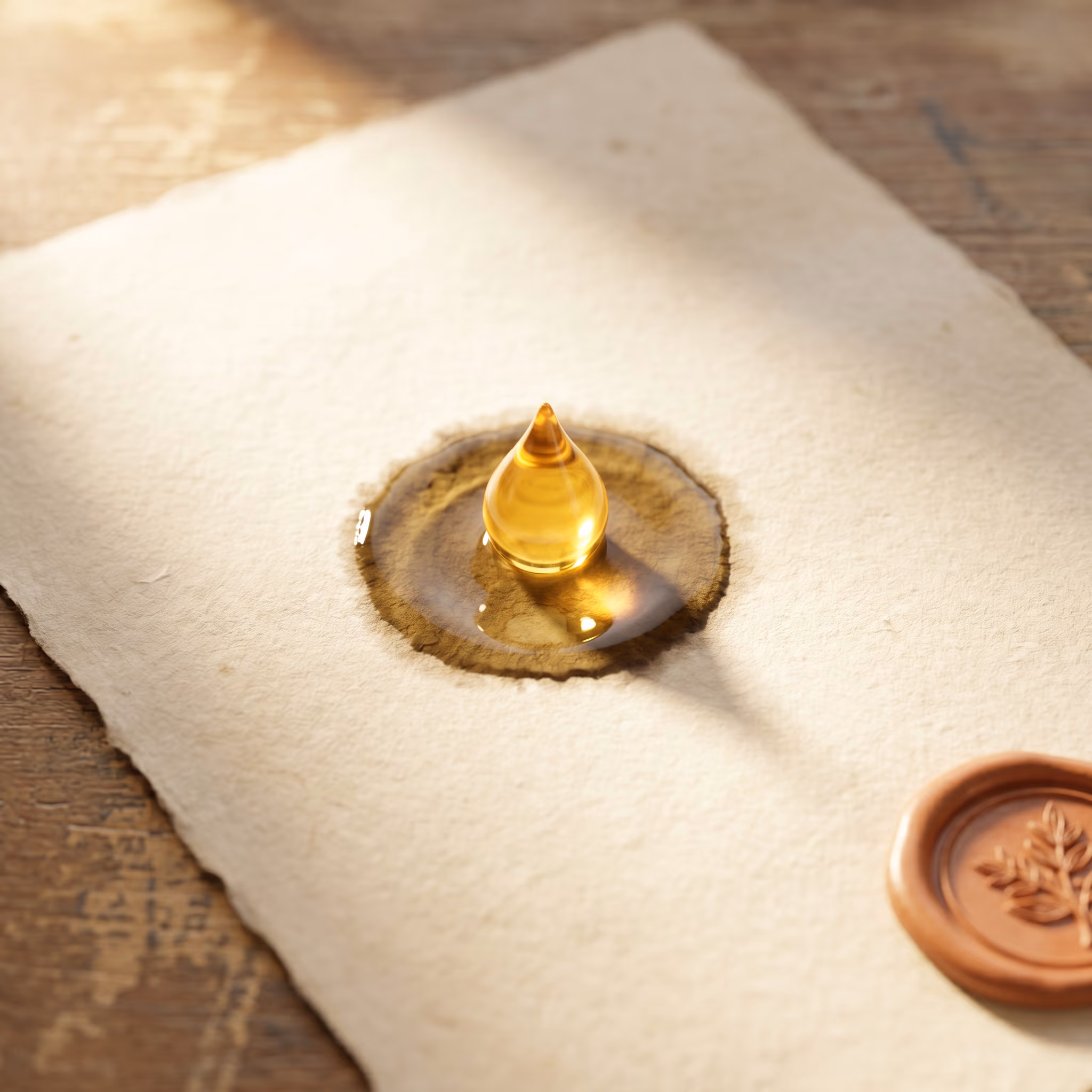 A thin pour of golden body oil onto matte paper, the oil pooling and absorbing slowly.