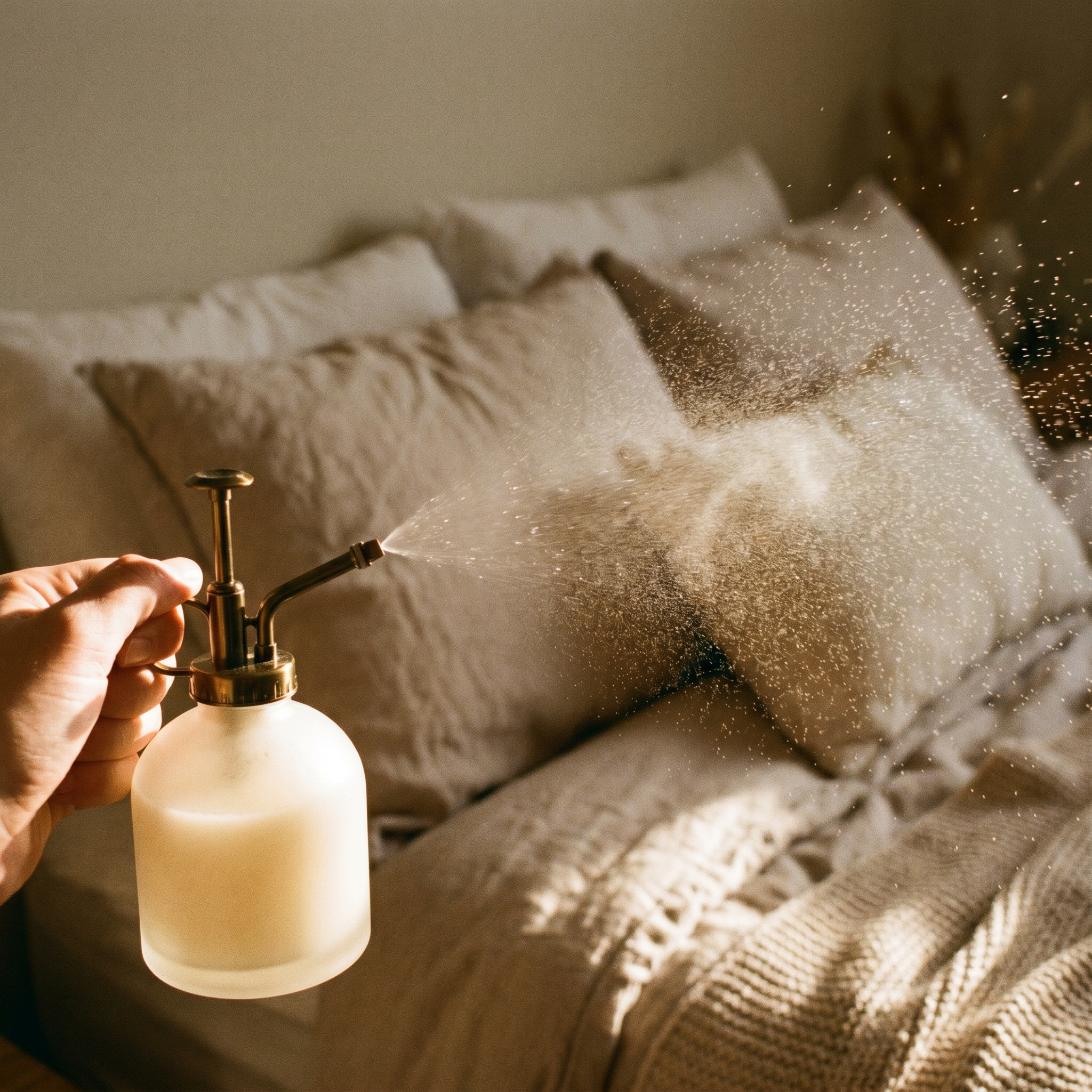 The Sleep Mist in use — a fine aromatic cloud sprayed from the frosted bottle.