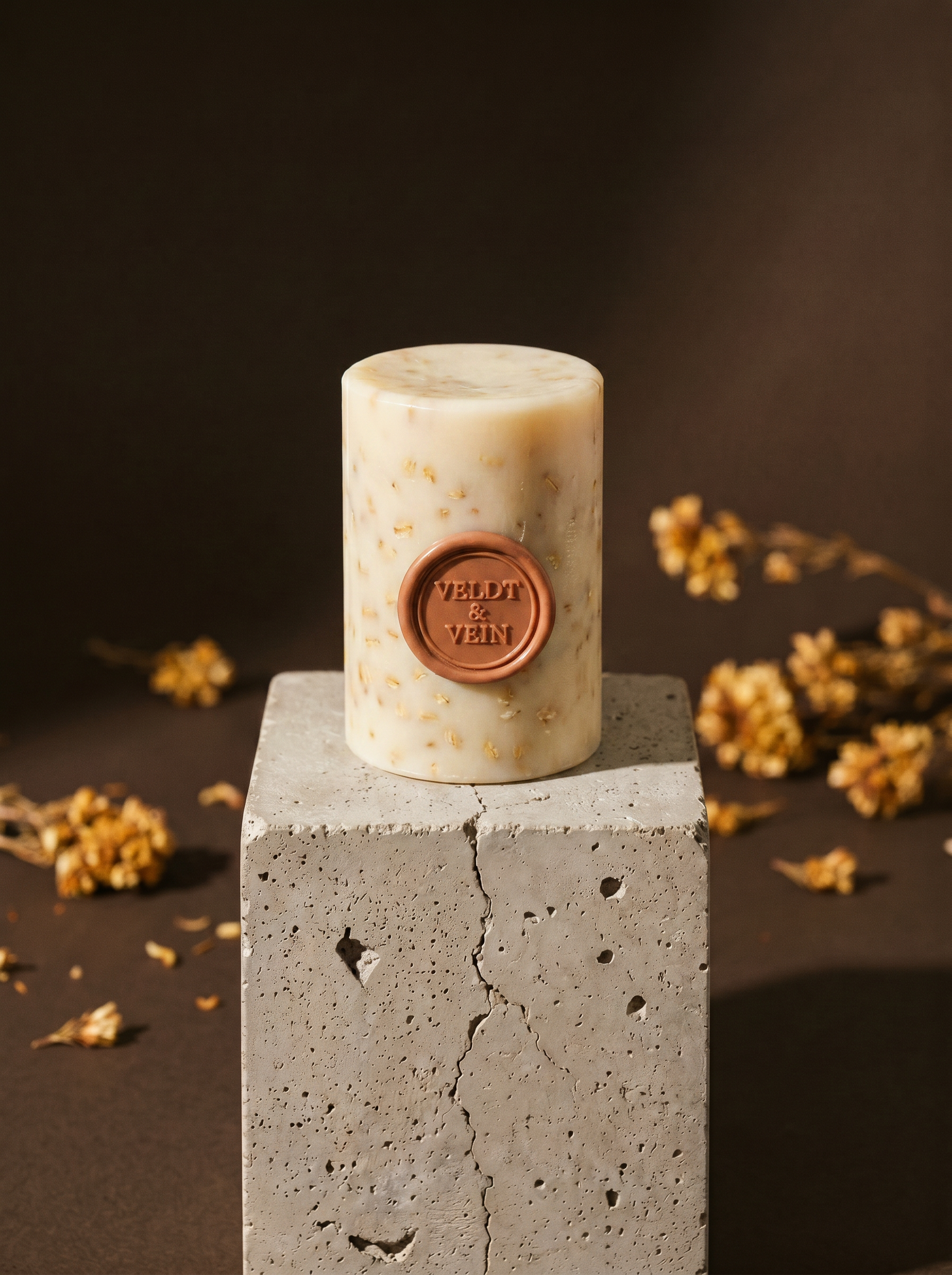 Goat Milk & Oat soap bar on a concrete plinth — cream-marbled bar with terracotta Veldt & Vein wax seal.