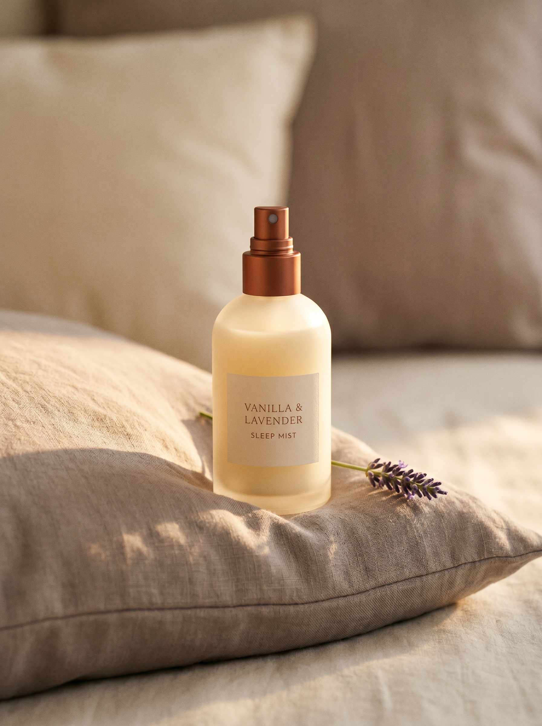 Vanilla & Lavender Sleep Mist — frosted glass bottle with terracotta spray head, on a linen pillowcase with a sprig of lavender.