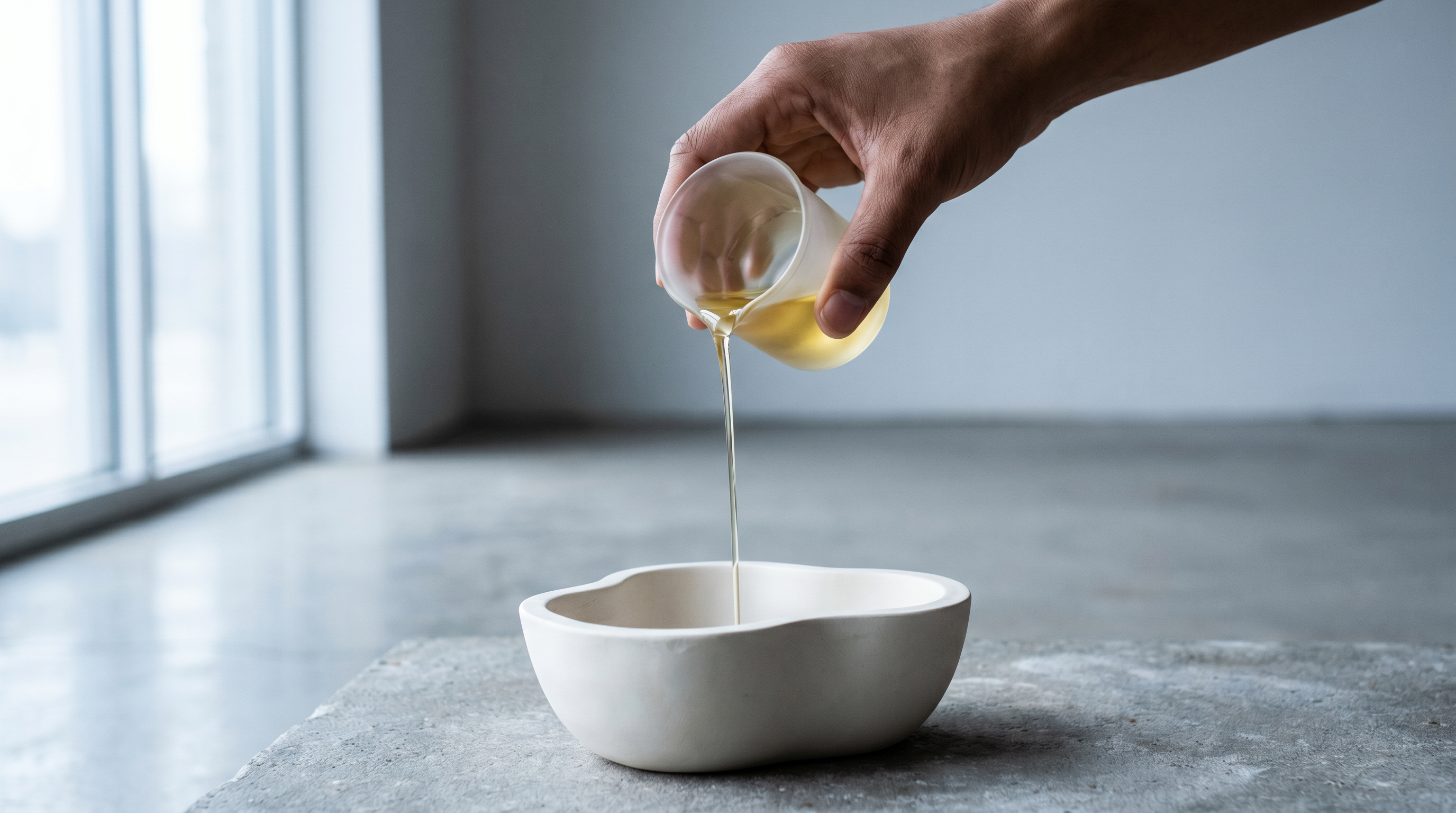 A hand pouring warm oil into a porcelain mold — the start of every Veldt & Vein capsule.