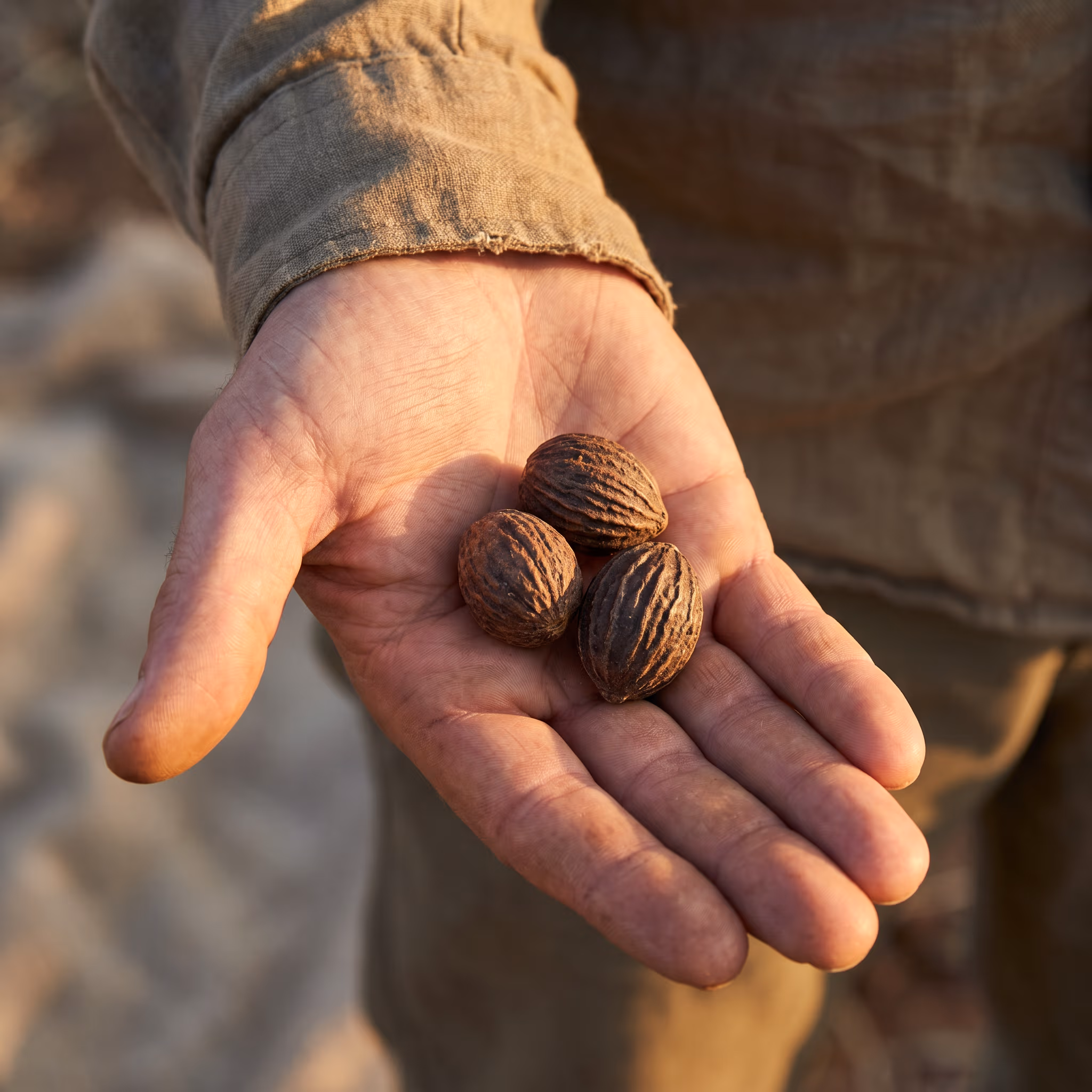A hand holding marula nuts — the seed from which our marula oil is cold-pressed.
