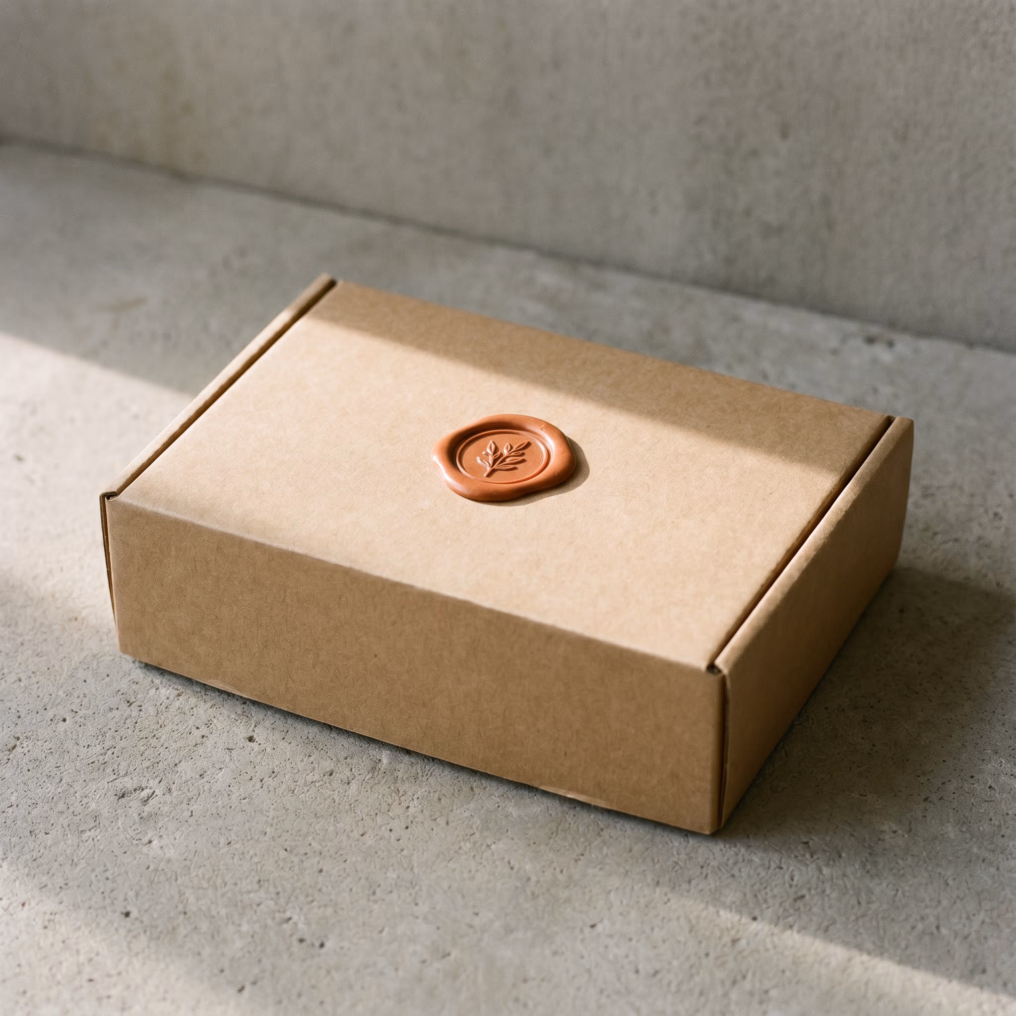 A Veldt & Vein cardboard mailer sealed with a terracotta wax seal — no plastic tape.